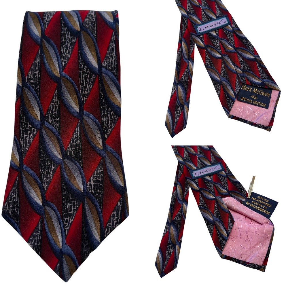 Jimmy V Silk Tie Mens OS Mark McGwire Special Edition 62 Red Geometric EUC